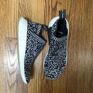 Adidas Boost black and white slip ons